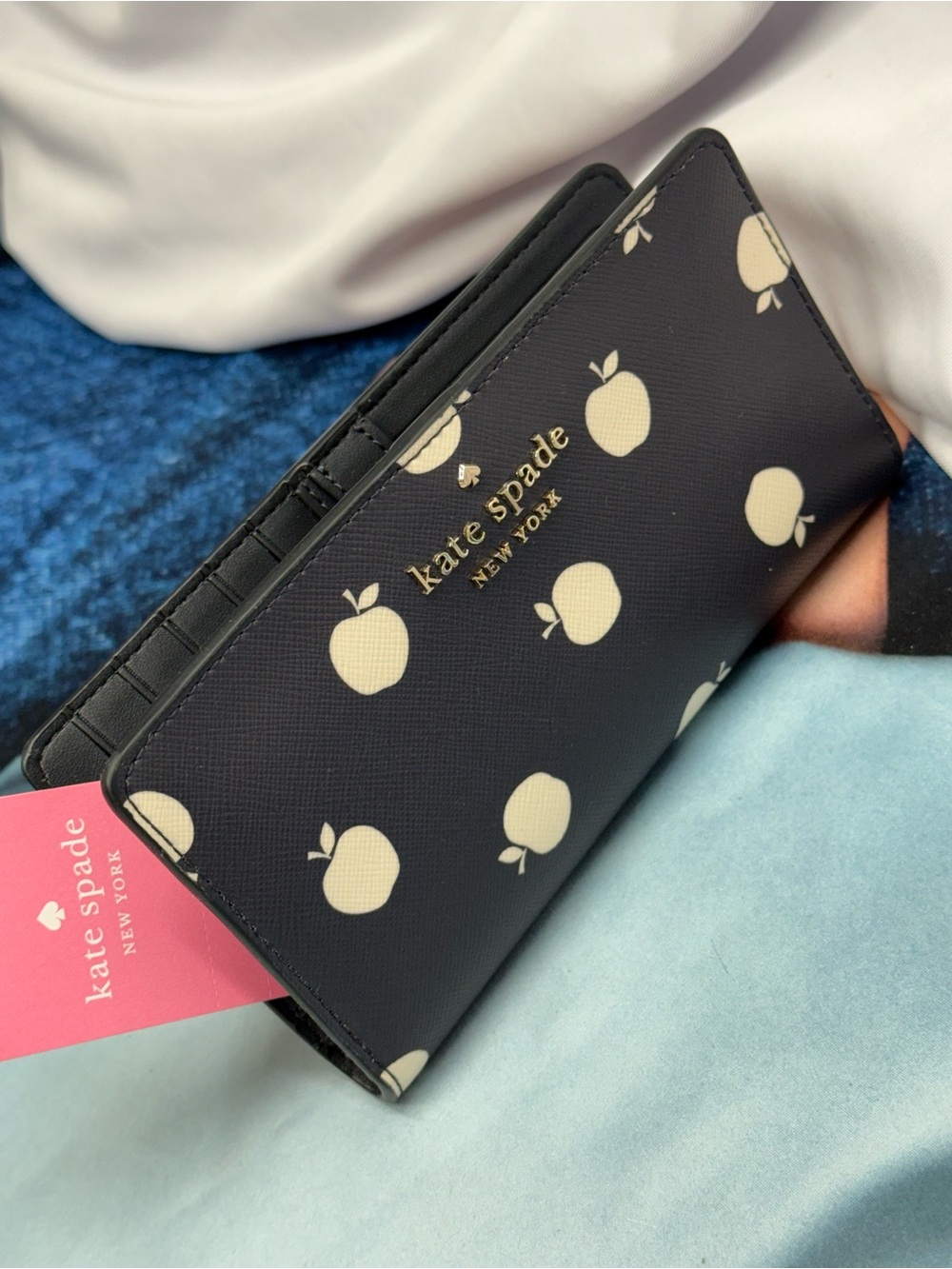 (new+tag) kate spade navy saffiano leather wallet with apple monogram print